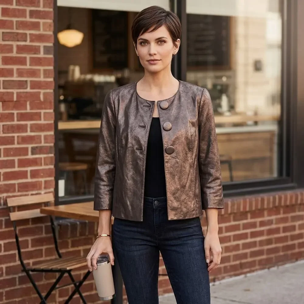 INC International Concepts 100% Leather Brown Lined Jacket Women Size M